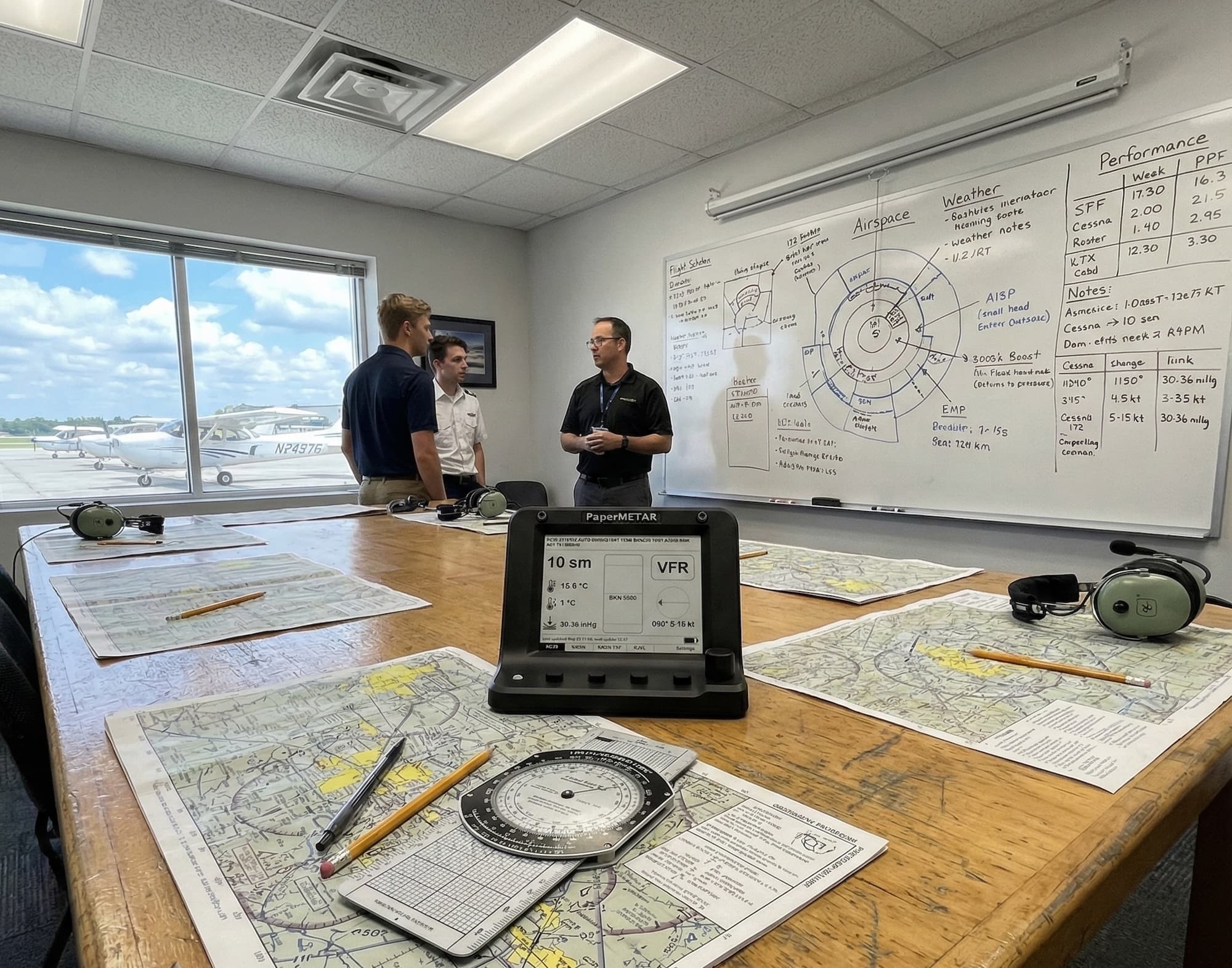 PaperMETAR device displayed in a flight school setting